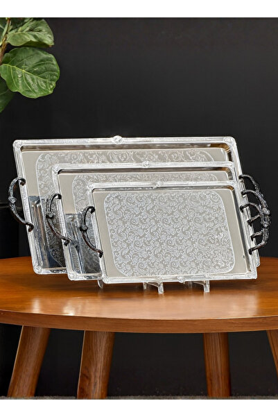 ALQANNAS 3-piece silver engraved tray set with shiny black handles