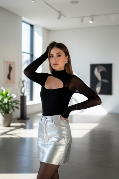 Moda Hour بلوزة بكتف واحد مع تفاصيل من التول