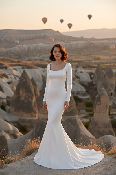 berissima bride Balık Nikah Elbisesi, Kırık Beyaz, U Yaka, Uzun Kol, Kuyruklu, Estelle