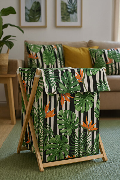 homyjr's 37×40 Tropikal Yaprak Desenli Fileli Saklama Sepeti — Çok Amaçlı Düz...