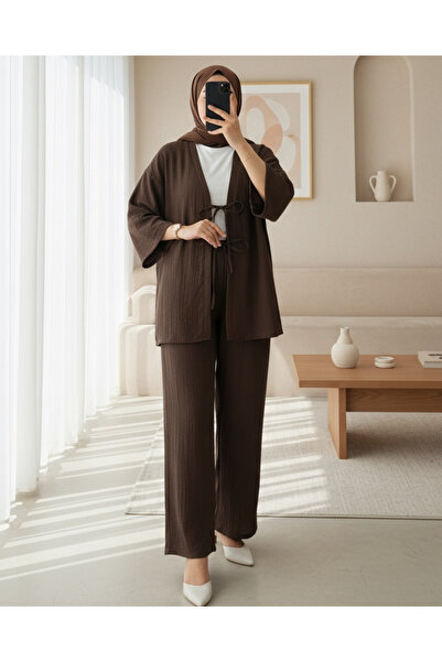 Modamorfo Double lace front trousers crinkle set - brown