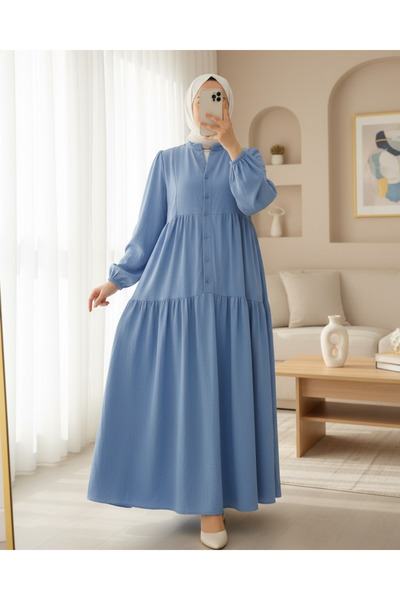Modamorfo Judge Collar Half Button Cotton Ayrobin Dress - Blue