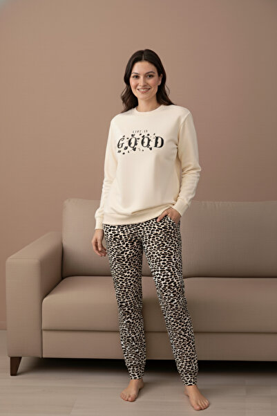 GUAVA+ Γυναικείο σετ πιτζάμες χειμερινό jogger με λεοπάρ γιακά και μανσέτες στον αστράγαλο με 2 τσέπες με κλωστή