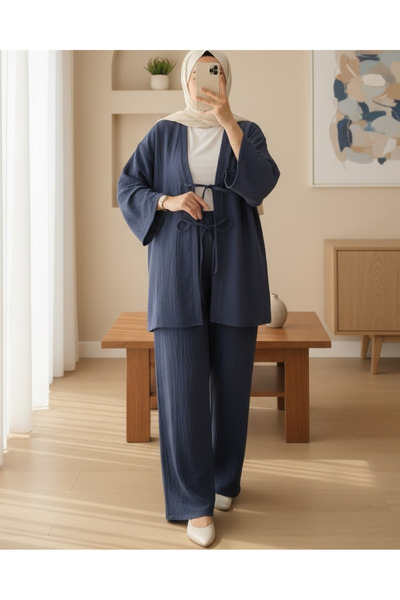 Modamorfo Önü Çift Bağcıklı Pantolonlu Krınkıl Takım -İndigo