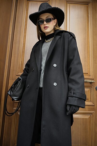 PERADO Siyah Kuşaklı Yeni Sezon Astarlı Premium Kalite Kadın Kaşe Kaban