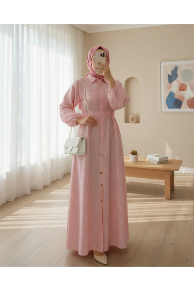 Modamorfo Φόρεμα με ελαστική μέση και ριγέ κουμπιά στο μήκος - Πούδρα