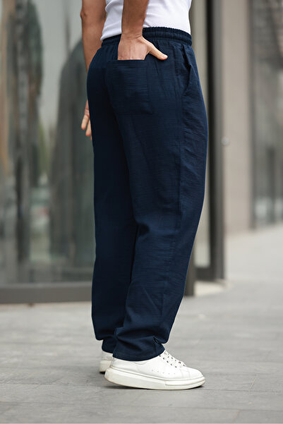 comstar Men's Elastic Waist Loose Navy Linen Baggy Trousers