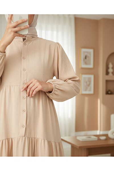 Modamorfo Judge Collar Half Button Cotton Ayrobin Dress -Beige