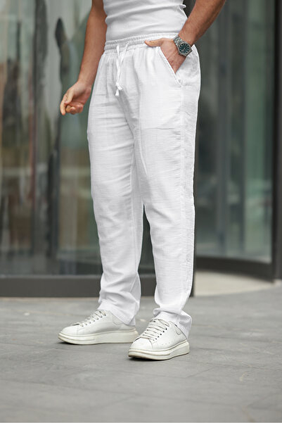 comstar Men's Elastic Waist Loose White Linen Baggy Trousers