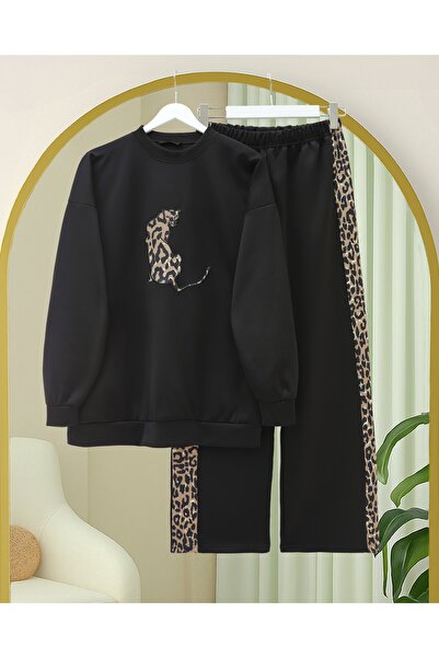 Modamorfo Scuba Suit with Leopard Figure and Patterned Pants - Black