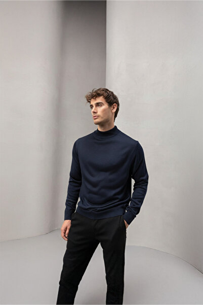 Valiberta Fincher Half Fisherman Slim Fit High Neck Men's Sweater - Navy Blue