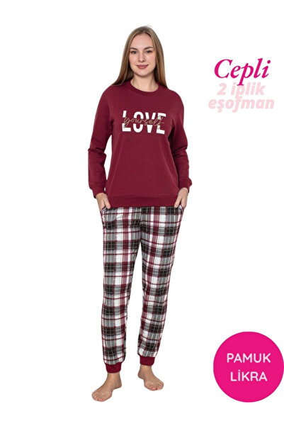 GUAVA+ Set de pijamale pentru femei Burgundy guler rotund cu manșetă la glezn...