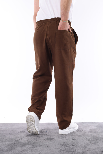 comstar Men's Elastic Waist Loose Brown Linen Baggy Trousers