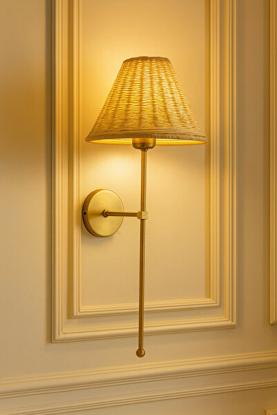 burenze Modern Tasarım Bambu Hasır Şapkalı Pilli Aplik Kablosuz Tak Çalıştır Aç Kapa Butonlu Eskitme Gold