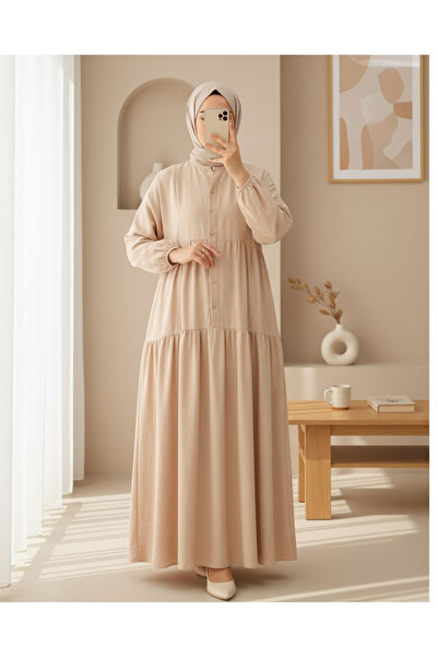 Modamorfo Judge Collar Half Button Cotton Ayrobin Dress -Beige