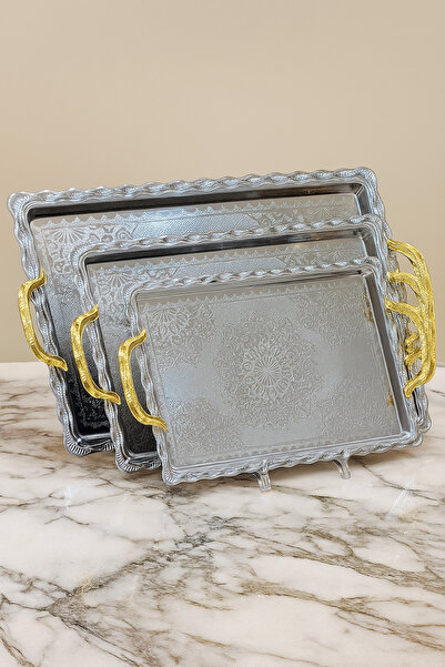 ALQANNAS 3 Pieces Serving Tray Set | Wide Sizes | Modern Design | Silver with...