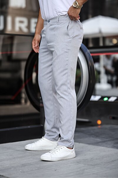 comstar Men's Slim Fit Straight Leg Gray Striped Trousers