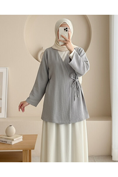 Modamorfo Side Tie Linen Kimono - Gray