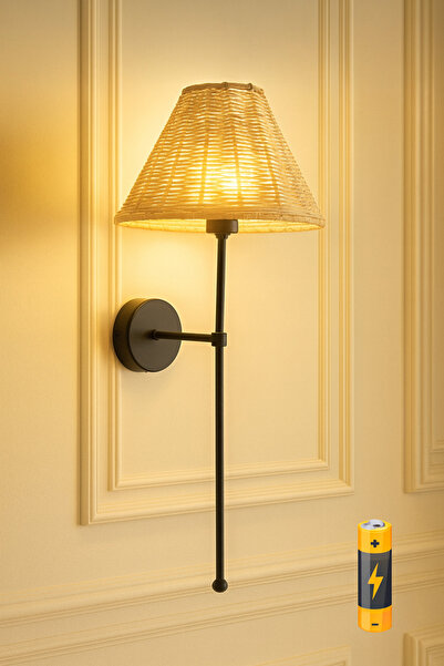 burenze Modern Tasarım Bambu Hasır Şapkalı Pilli Aplik Kablosuz Tak Çalıştır Aç Kapa Butonlu Siyah