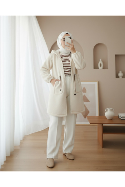 Modamorfo Ecru Plush Coat - Elastic Waist, Hoodie and Zipper