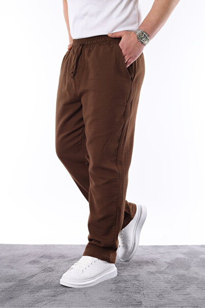 comstar Men's Elastic Waist Loose Brown Linen Baggy Trousers