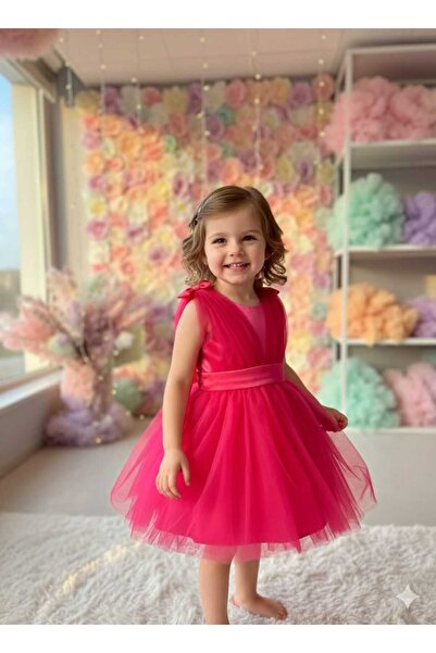 penu baby kids Fuşya Omuzdan Fiyonklu Tül Kız Bebek Elbise - Bow