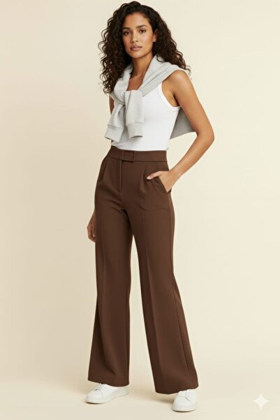enmodaiçgiyim Brown Women's High Waist Stretch Fabric Velcro Closure Palazzo Wide Leg Trousers