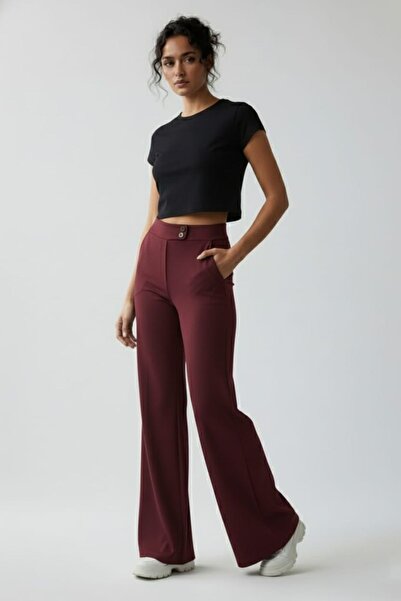 enmodaiçgiyim Burgundy High Waist Wide Leg Palazzo Pants – Flexible Textured Fabric, Flowy Wide Leg