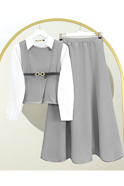 Modamorfo Gray Cross Button Vest and Skirt Set