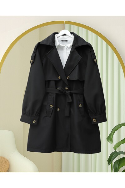Modamorfo Omzu Epaulet Double Buttoned Bolero Pocketed Belted Trench Coat -Black