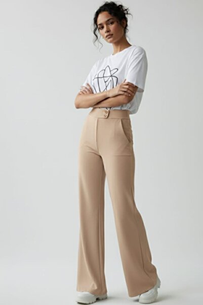 enmodaiçgiyim Stone Color High Waist Wide Leg Palazzo Pants – Flexible Textured Fabric, Wide Leg