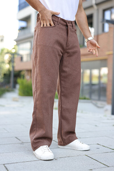 comstar Men's High Waist Wide Leg Casual Brown Baggy Trousers