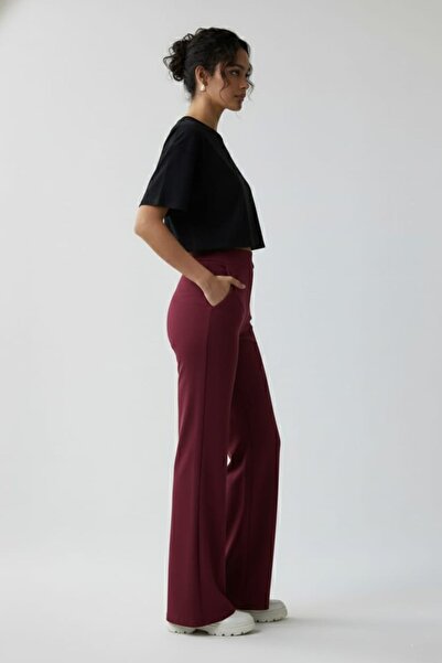 enmodaiçgiyim Burgundy High Waist Wide Leg Palazzo Pants – Flexible Textured Fabric, Flowy Wide Leg