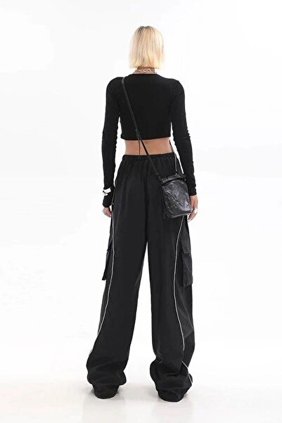 Karakedi Black Elastic Trousers with White Stripe Detail and Cargo Pocket