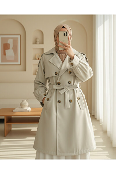 Modamorfo Omzu Epaulettes Double Buttoned Bolero Pocketed Belted Trench Coat -Stone
