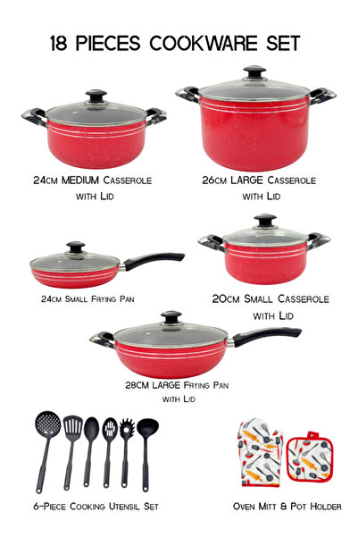 SUPPLIER 18-Piece Non-Stick Cookware Set – Red | Pans, Pots with Glass Lids, 5 Nylon Utensils & Oven Mitts