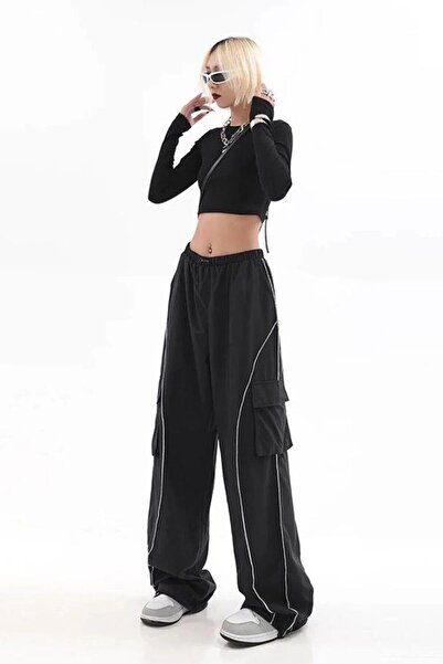 Karakedi Black Elastic Trousers with White Stripe Detail and Cargo Pocket