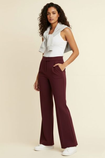 enmodaiçgiyim Burgundy Women's High Waist Stretch Fabric Velcro Closure Palazzo Wide Leg Trousers