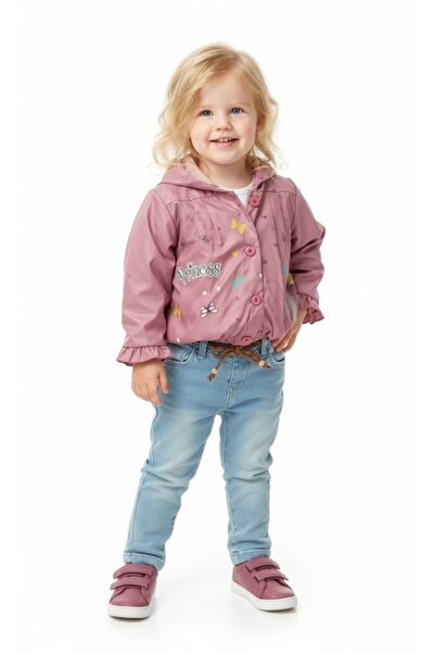 Bebessi Girl's Button Closure Hooded Raincoat Elastic Waist Jeans Pants Set