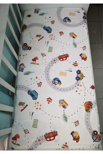 Bebek Özel %100 Pamuklu Bebek Ve Çocuk Lastikli Çarşaf 60x120 Araba Trafik Desen