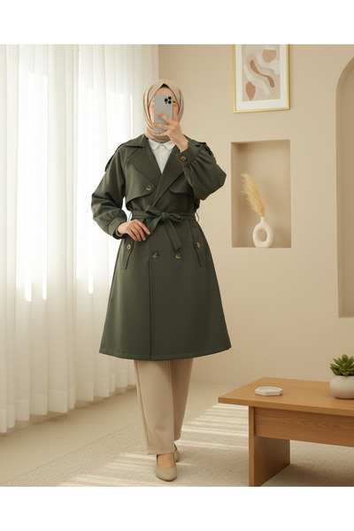Modamorfo Omzu Epaulet Double Buttoned Bolero Trench Coat with Pockets and Belt - Khaki