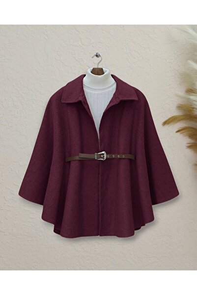 Modamorfo Shoulder Buttoned Belted Waist Stitched Poncho - Claret Red