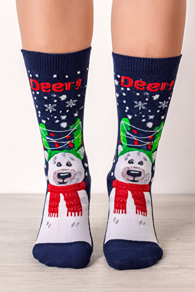 Esinti Синій подарунок - Різдвяний олень Тематичний чоловічий жіночий дитячий довгий новорічний шкарпетка Одинарний