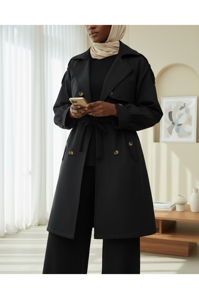 Modamorfo Omzu Epaulet Double Buttoned Bolero Pocketed Belted Trench Coat -Black