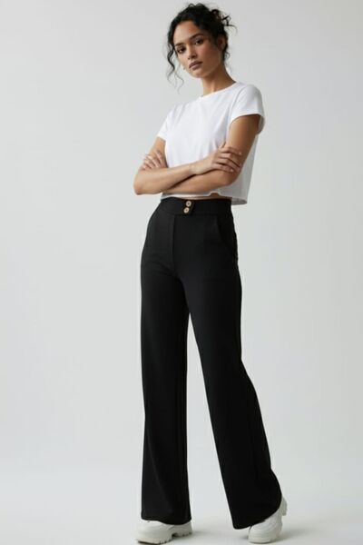 enmodaiçgiyim Black High Waist Wide Leg Palazzo Pants – Stretchy Textured Fabric, Flowy Wide Leg