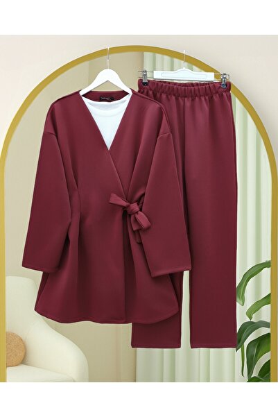 Modamorfo Buy Double Tie Scuba Kimono Set - Burgundy