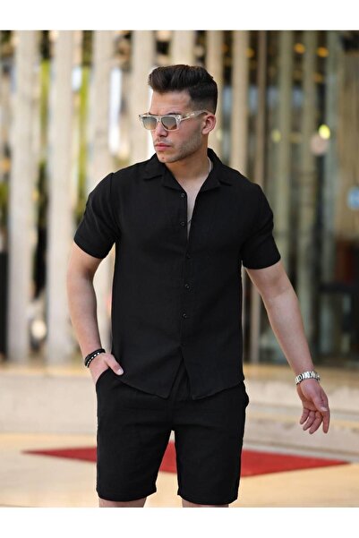 comstar Men's Muslin Basic Shorts Shirt Collar Black Double Set