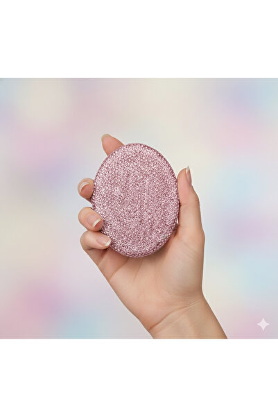 Madame Rosso Çift Taraflı Pembe Taşlı Oval Çanta Cep Makyaj Aynası