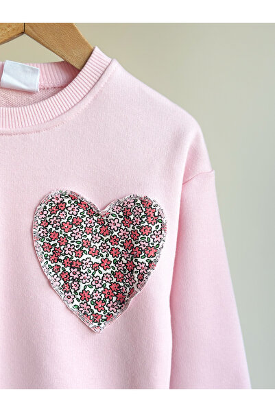 Pinkitokids Flower Printed Heart Detailed Sweatshirt and Leggings Set