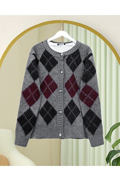 Modamorfo Buttoned Square Patterned Double Layer Knit Cardigan - Smoked